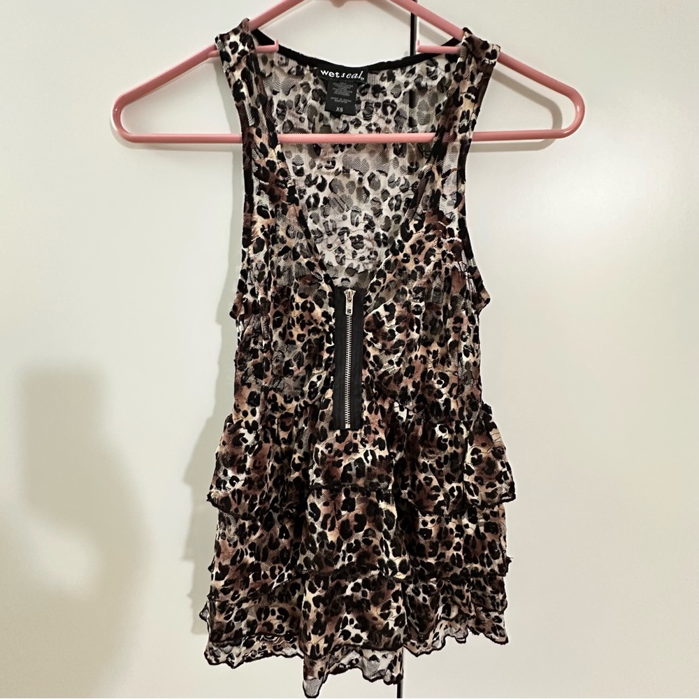NWOT Wet Seal Y2K Leopard Ruffled Layered Front Zipper Sleeveless Tank Top XS